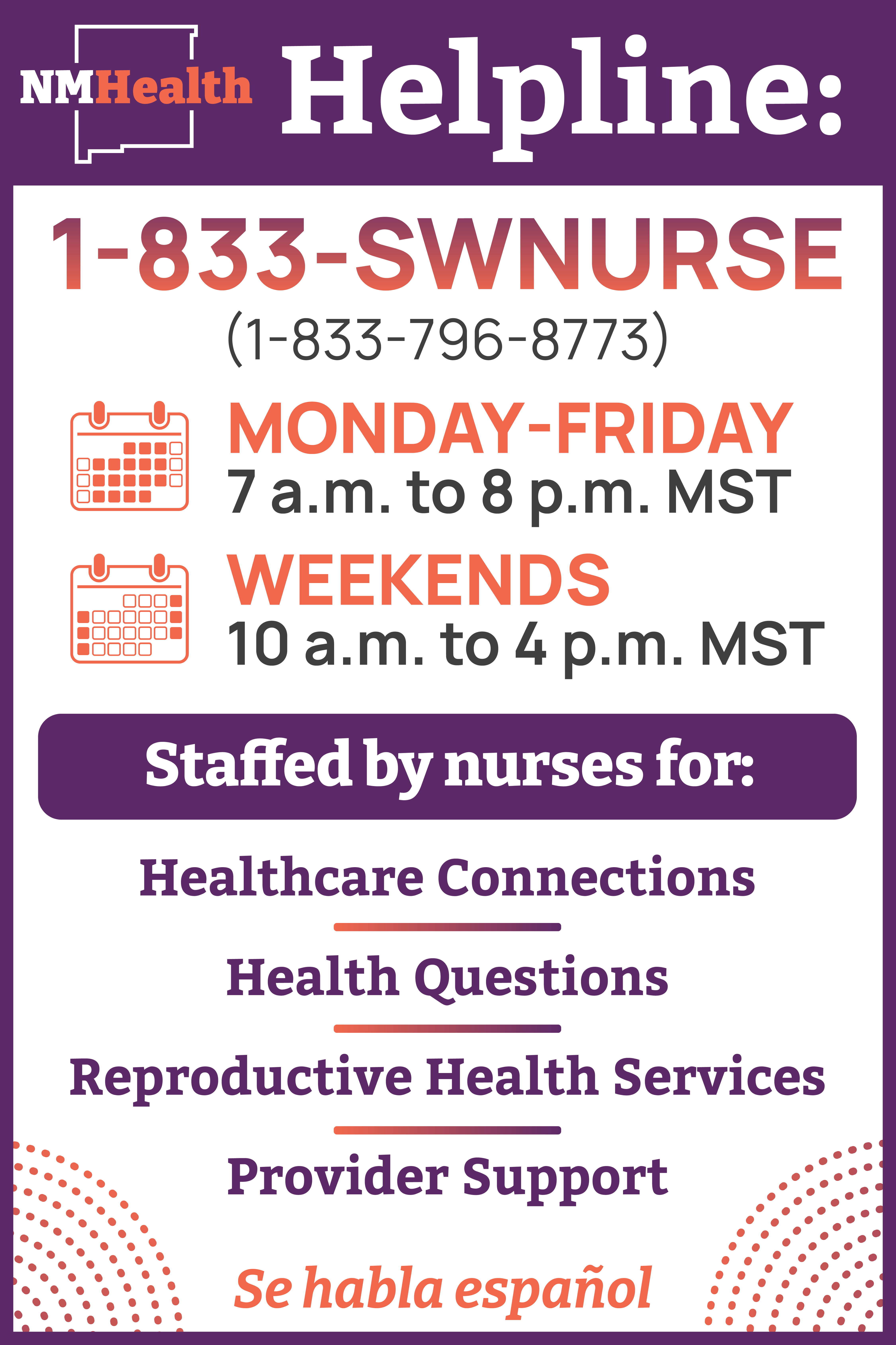 The New Mexico Department of Health has a new Helpline.